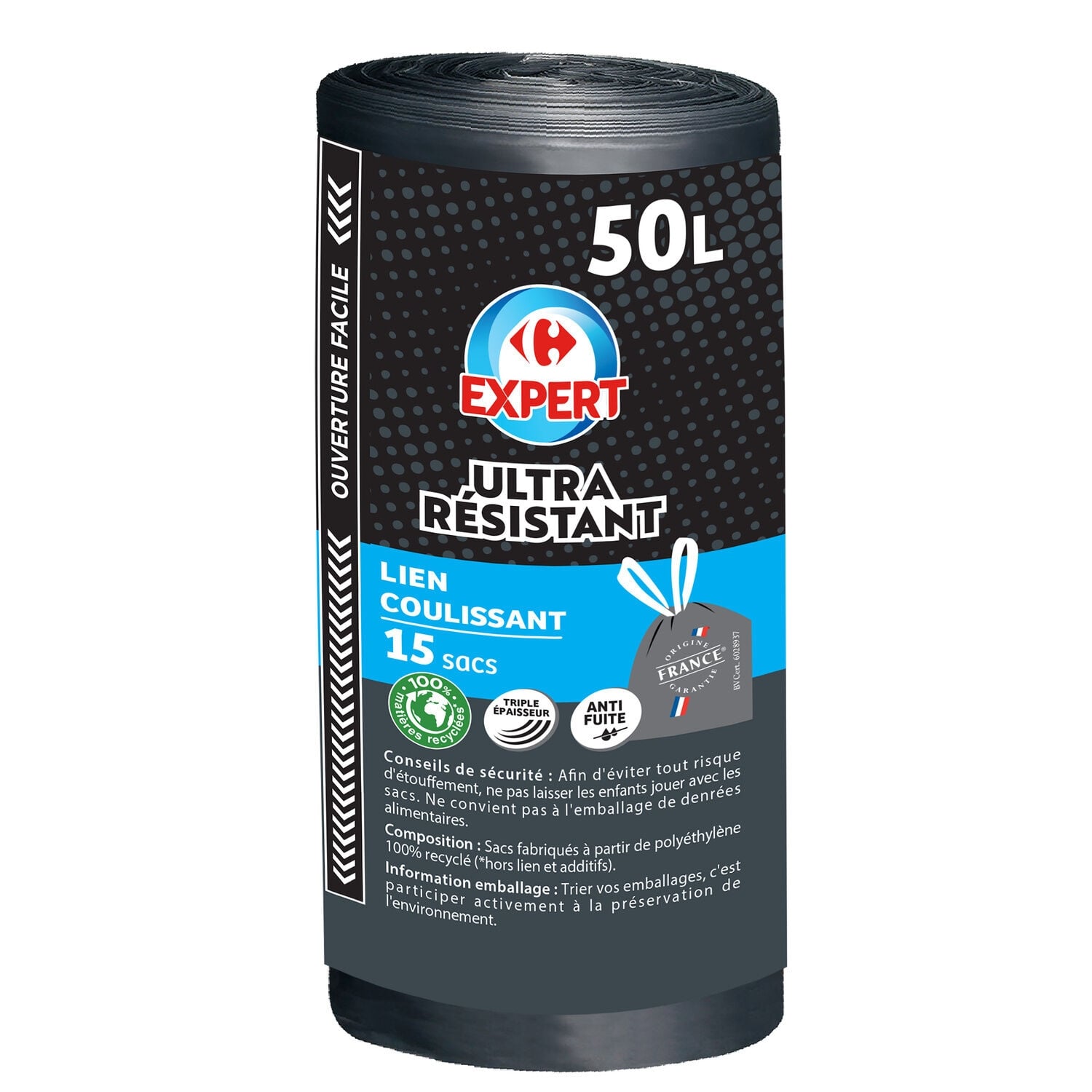 Sac poubelle à lien coulissant, Ultra Résistant 50L EXPERT 