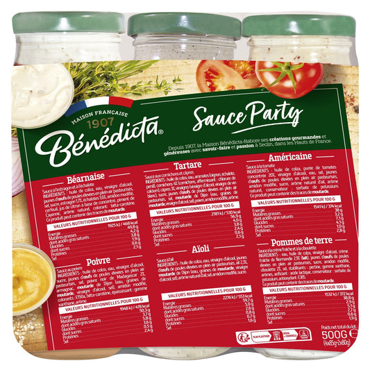 Sauces Party Assortiment : Béarnaise, Tartare, Pomme de Terre, Poivre, Américaine et Aïoli BENEDICTA