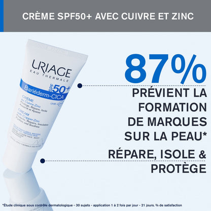 Crème Protège Isole Apaise et Assainit Les Peaux Fragilisées Et Irritées Très Haute Protection 50+ Cica-Crème Au Cuivre-Zinc Bariéderm URIAGE 