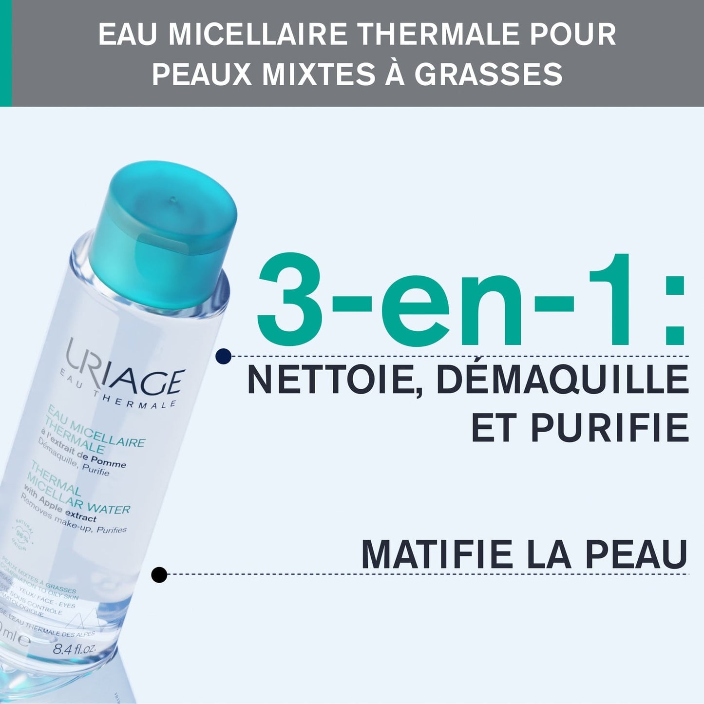 Eau micellaire Visage Yeux Peaux Mixtes à Grasses Thermale Purifiante à l'Extrait de Pomme URIAGE 