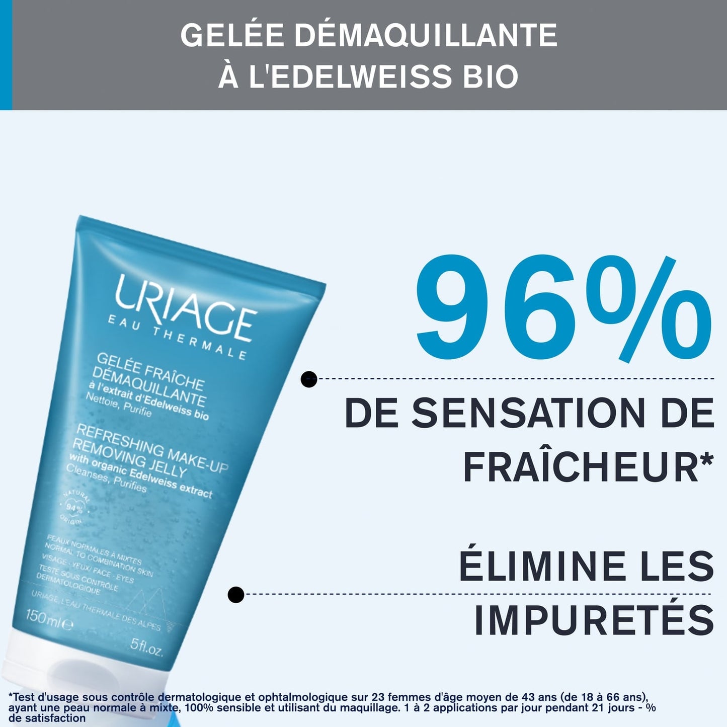 Gel nettoyant Visage Yeux Nettoie et Démaquille en Douceur Enrichie en Eau Thermale et Edelweiss Bio URIAGE 
