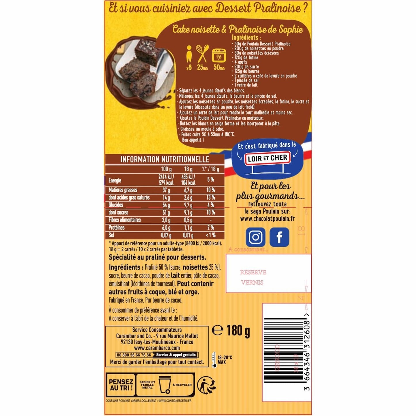POULAIN Praline Pralinoise Dessert Chocolate Bar
