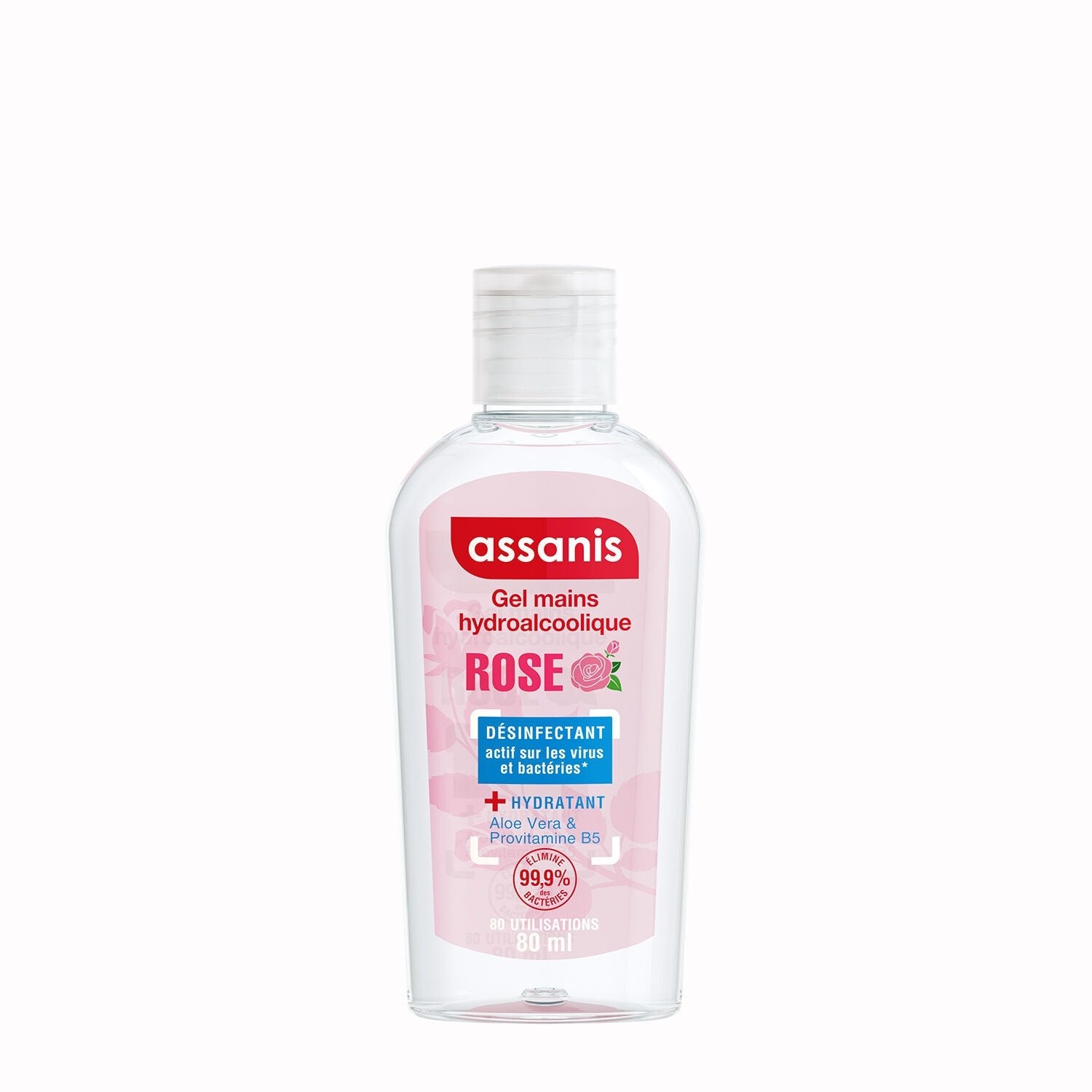 Gel Hydroalcoolique Désinfectant Hydratant Rose Aloe Vera et Provitamine B5 ASSANIS le flacon de 80mL