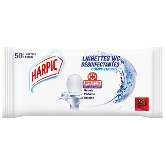 Lingettes Wc Désinfectantes Larges Compostables HARPIC le paquet de 50 lingettes