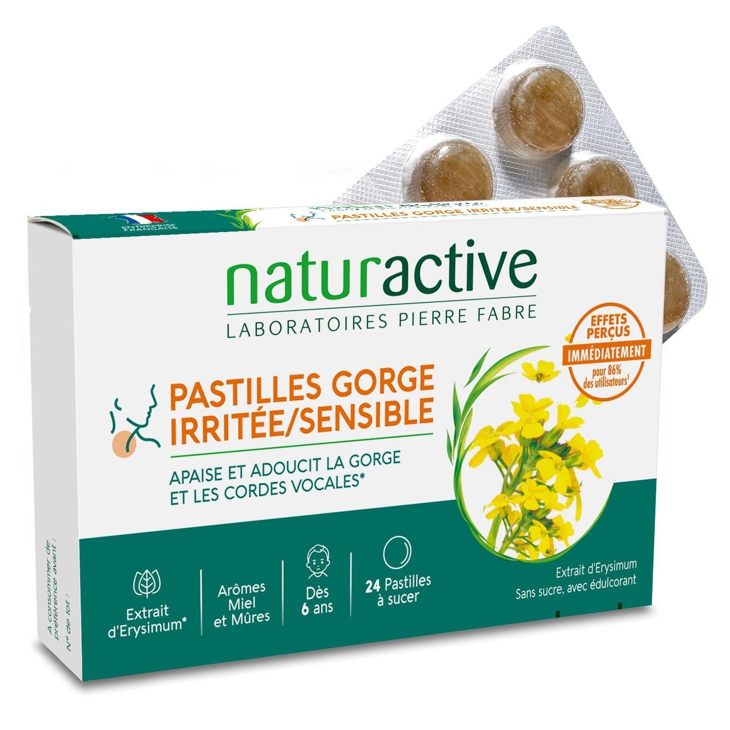 Pastilles Gorge Irritée Sensible Apaise et Adoucit Miel et Mûres NATURACTIVE la boite de 24 pastilles