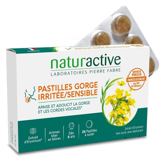Pastilles Gorge Irritée Sensible Apaise et Adoucit Miel et Mûres NATURACTIVE la boite de 24 pastilles