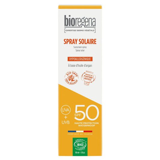 Crème Solaire Spray Corps et Visage Spf 50 Hypoallergénique Bio Argan BIOREGENA le tube de 90mL