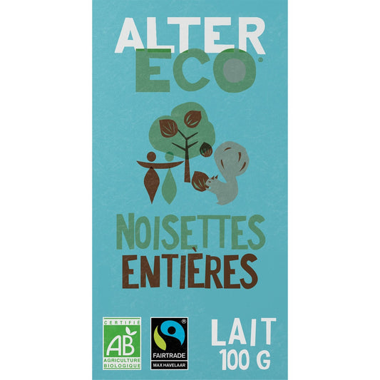 Chocolat au Lait Bio Lait Noisettes Entières ALTER ECO La tabLette de 100g