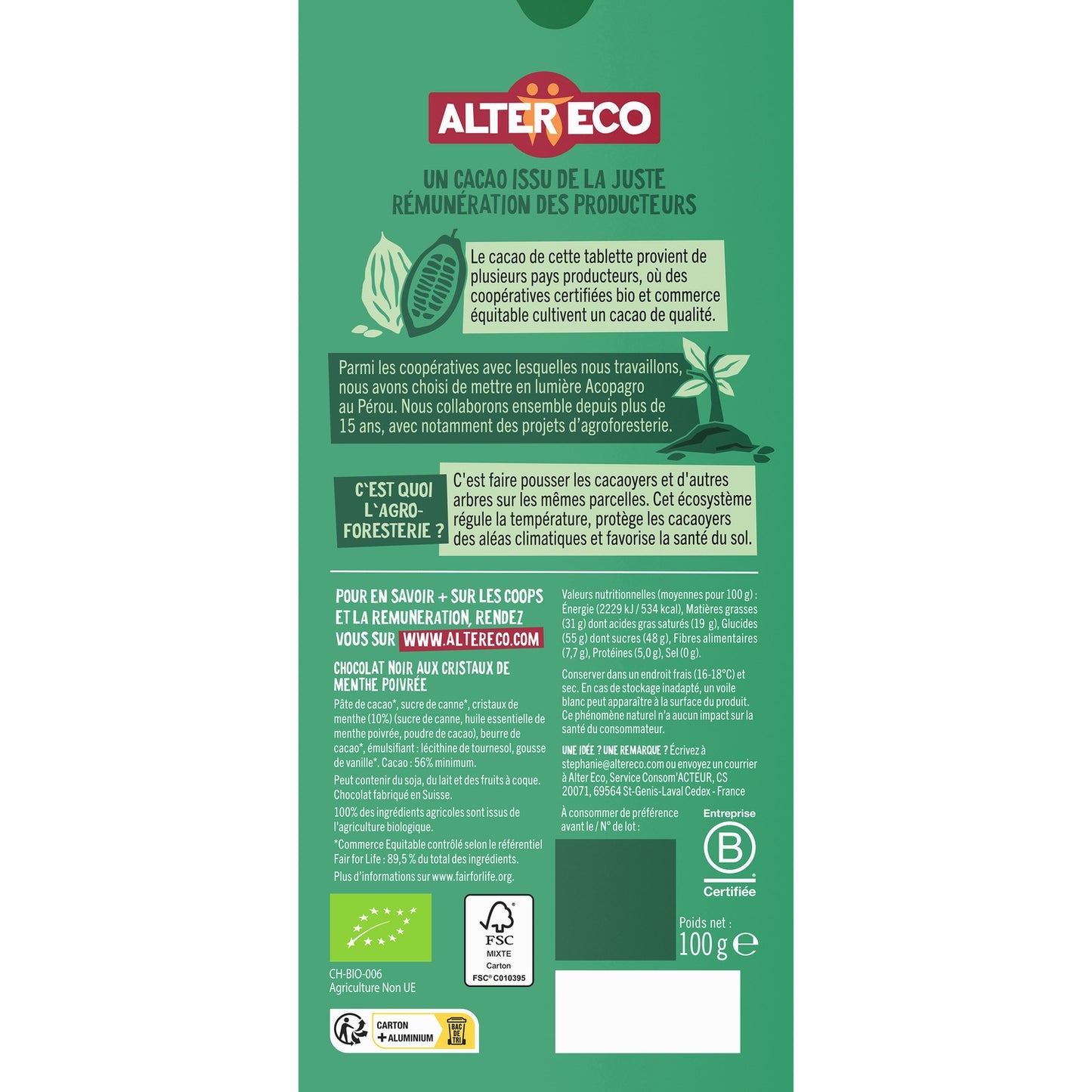 Chocolat noir bio Eclat de menthe ALTER ECO 