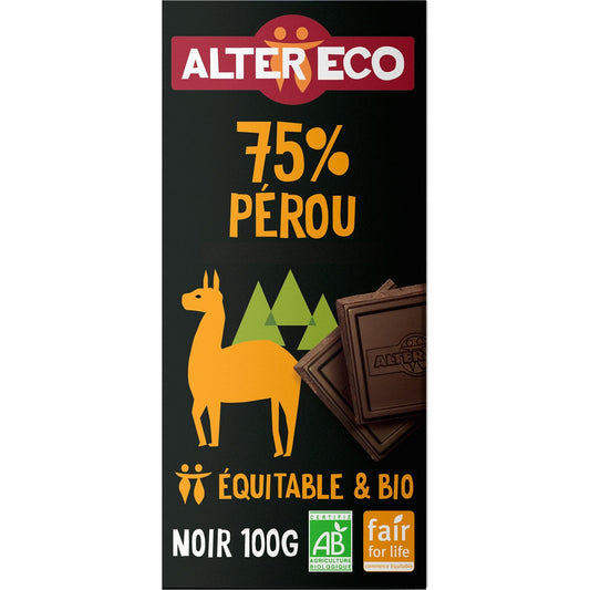 Tablette de Chocolat Noir 75% Pérou Bio ALTER ECO La tabLette de 100g