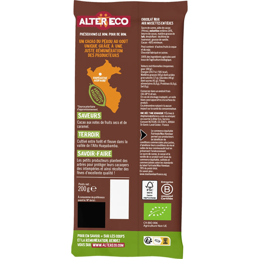 Tablette de chocolat Noir Noisettes Entières Bio ALTER ECO 