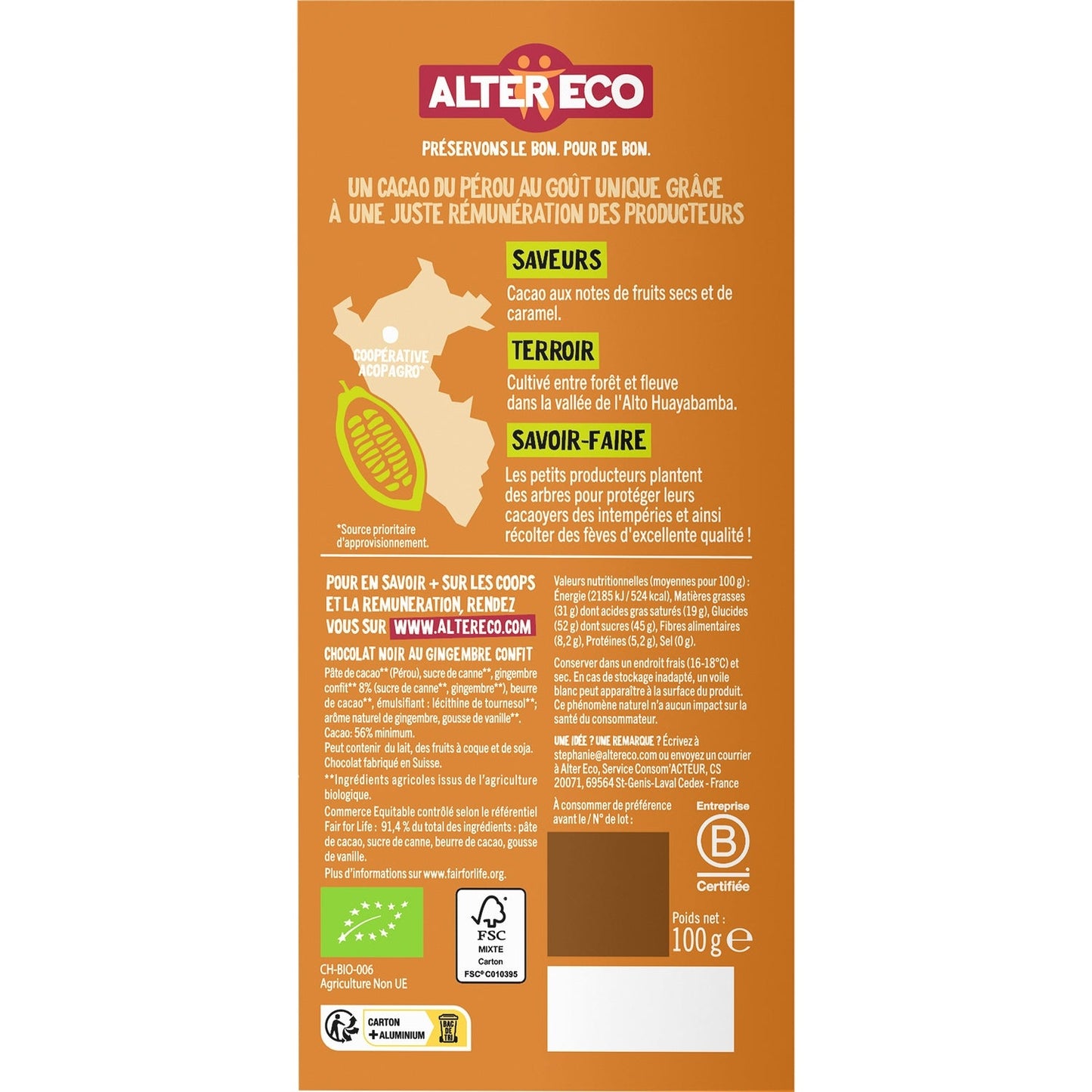[ANTI-GASPILLAGE] Chocolat Noir Bio Eclat de Gingembre ALTER ECO - Date de durabilité minimale : 26/10/2025