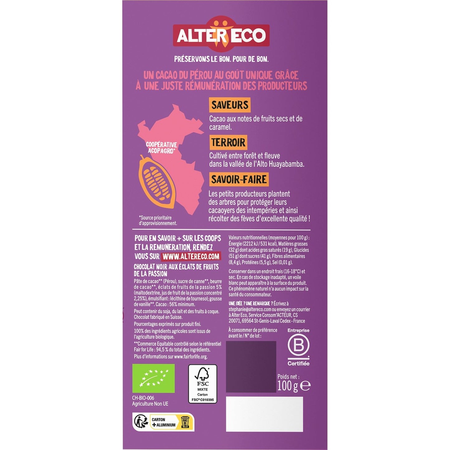 Chocolat Noir Fruit de la Passion Bio ALTER ECO