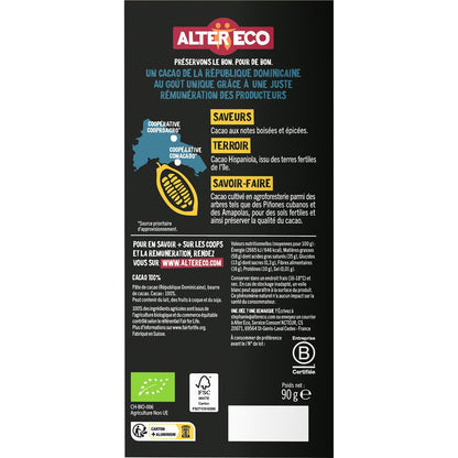 Chocolat Noir Bio 100% République Dominicaine ALTER ECO