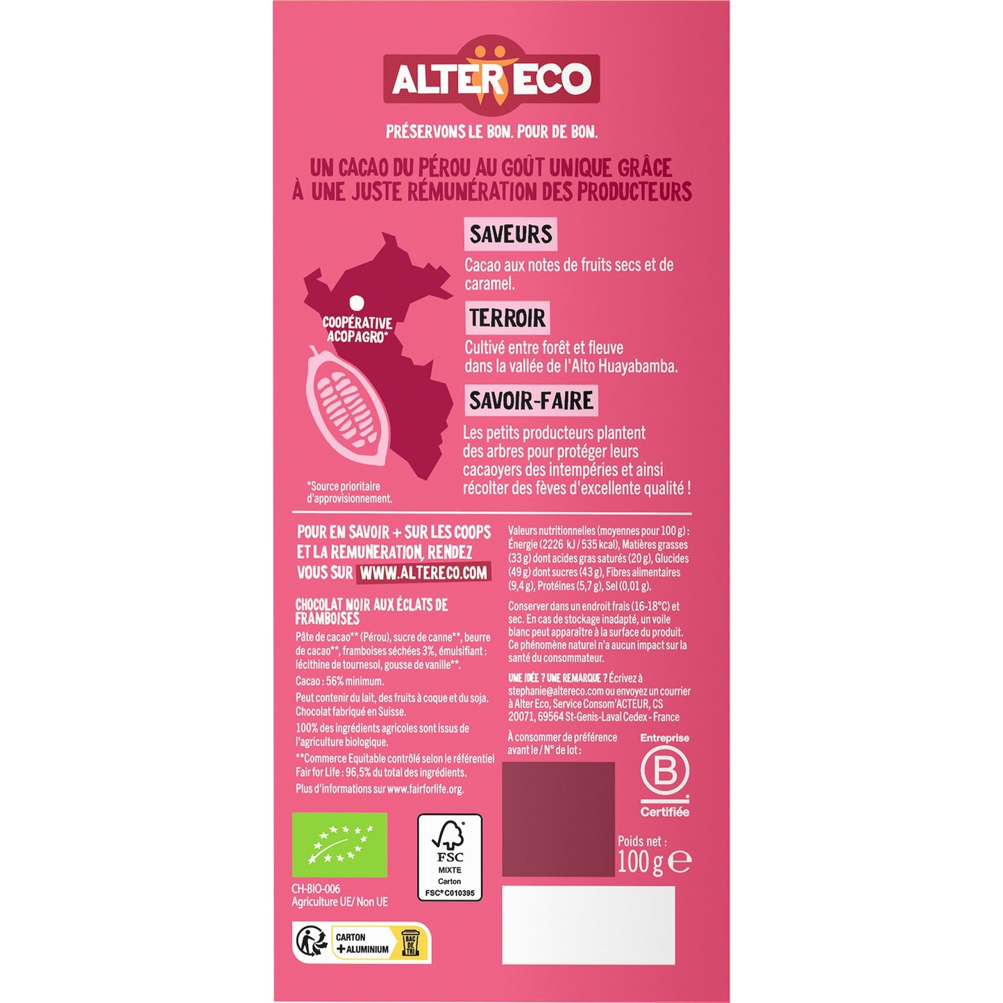 Chocolat Noir Bio Éclats de Framboises ALTER ECO