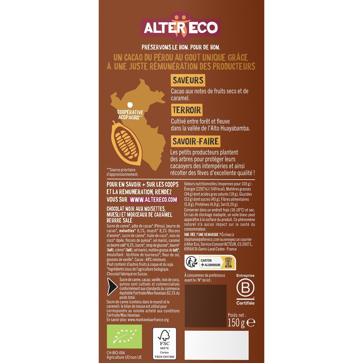 Chocolat Noir Bio Noisettes Muesli Caramel ALTER ECO