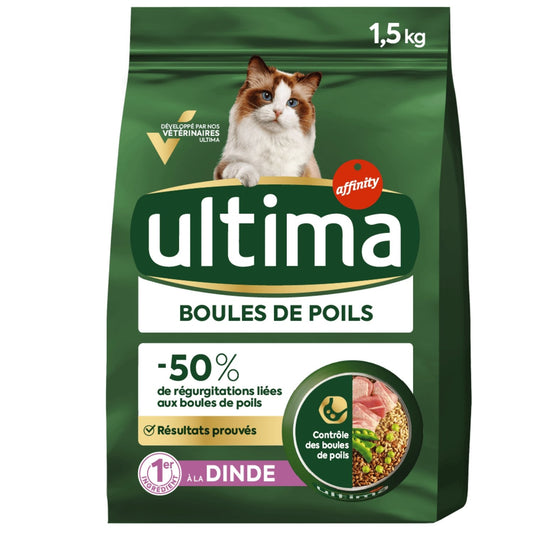Croquettes pour Chat Adulte Boules de Poils Dinde ULTIMA Le sac d'1,5kg