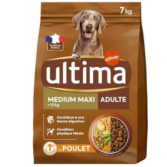 Croquettes pour Chien Adulte Medium Maxi +10kg Digestion Facile Poulet ULTIMA Le sac de 7kg