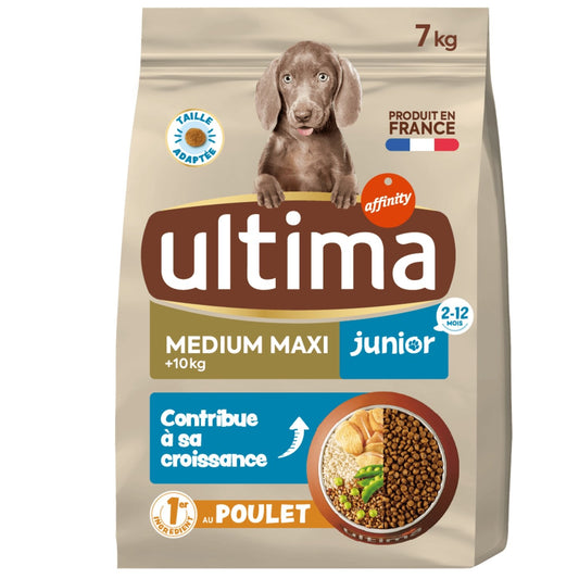 Croquettes pour Chien Junior Medium Maxi +10kg Digestion Facile Poulet ULTIMA le sac de 7kg