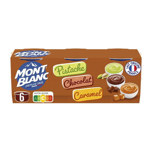 Crème Dessert Chocolat Caramel Pistache MONT BLANC les 6 pots de 125g