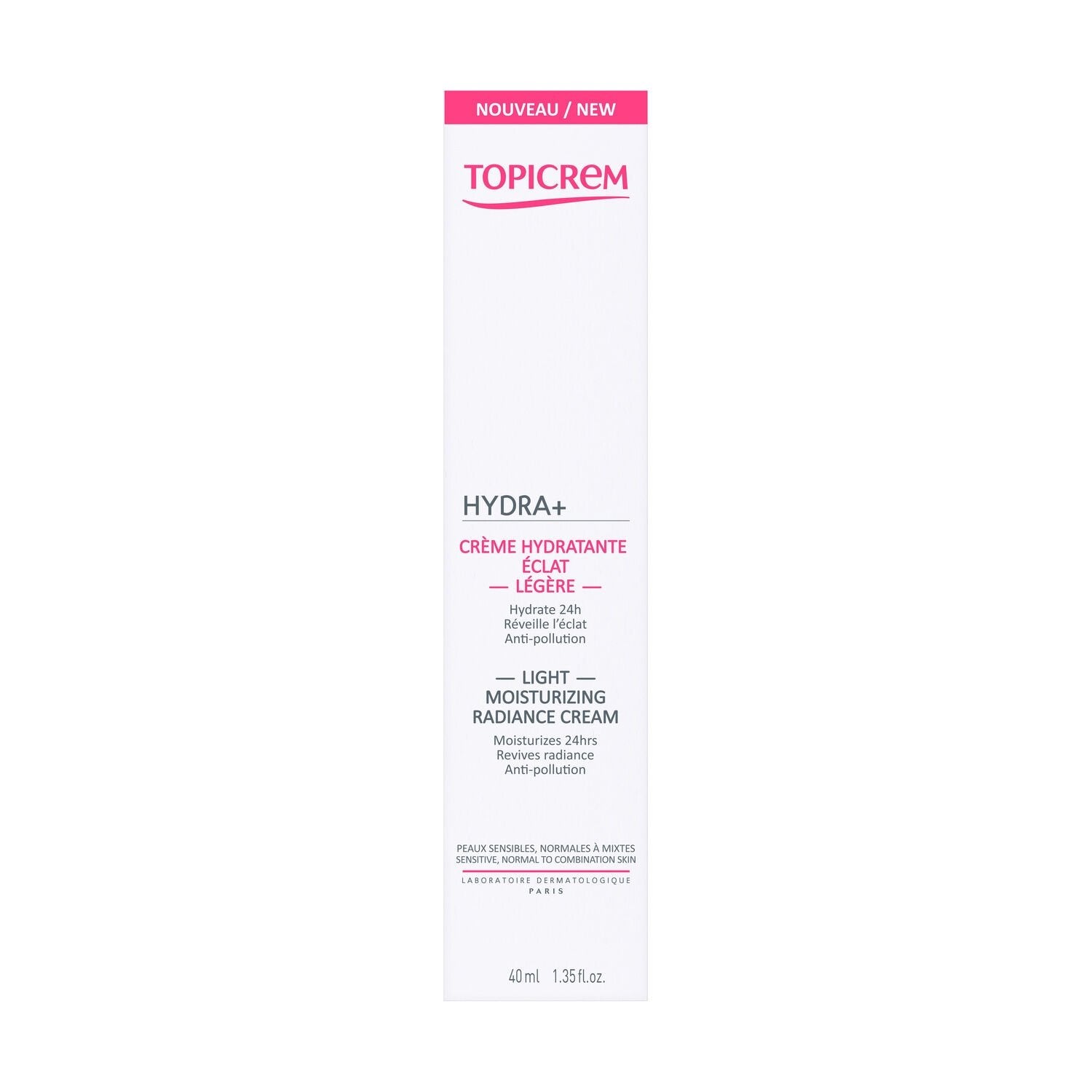 Crème Hydratante Eclat Légère Visage Femme Peau Sensible Normale à Mixte TOPICREM le tube de 40mL