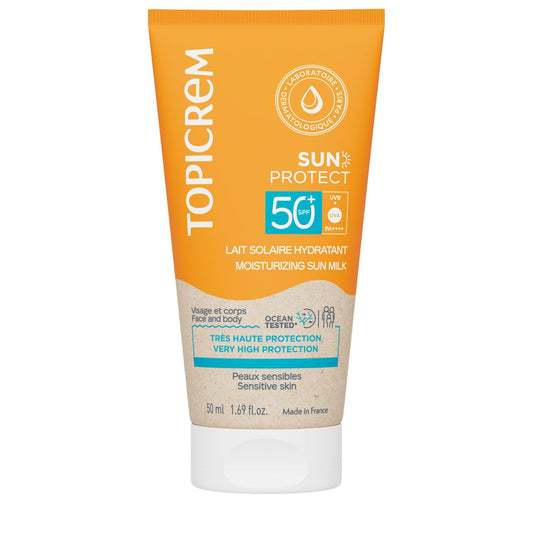Crème Solaire Lait Hydratant Très Haute Protection Spf 50+ Peaux Sensibles TOPICREM le flacon de 50mL