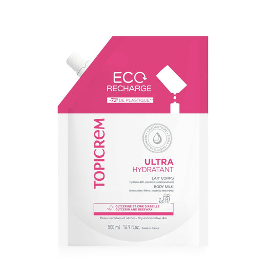 Lait Corps Peau Sensible Ultra-Hydratant 48h Glycérine Cire d'Abeille TOPICREM la recharge de 1L