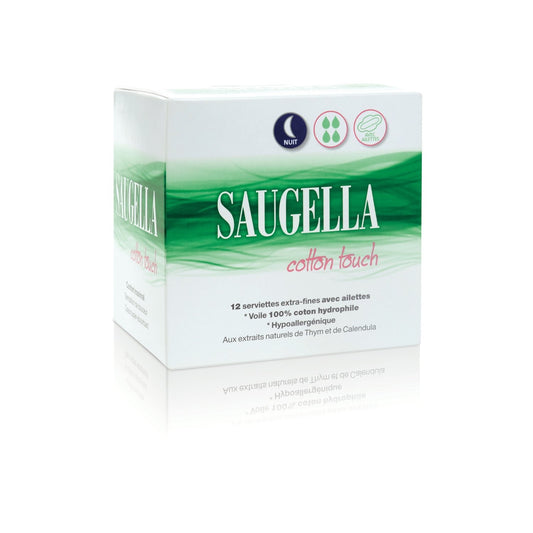 Serviettes Hygiéniques avec Ailettes Nuit Extra-Fine Cotton Touch SAUGELLA le paquet de 12 serviettes hygiénique