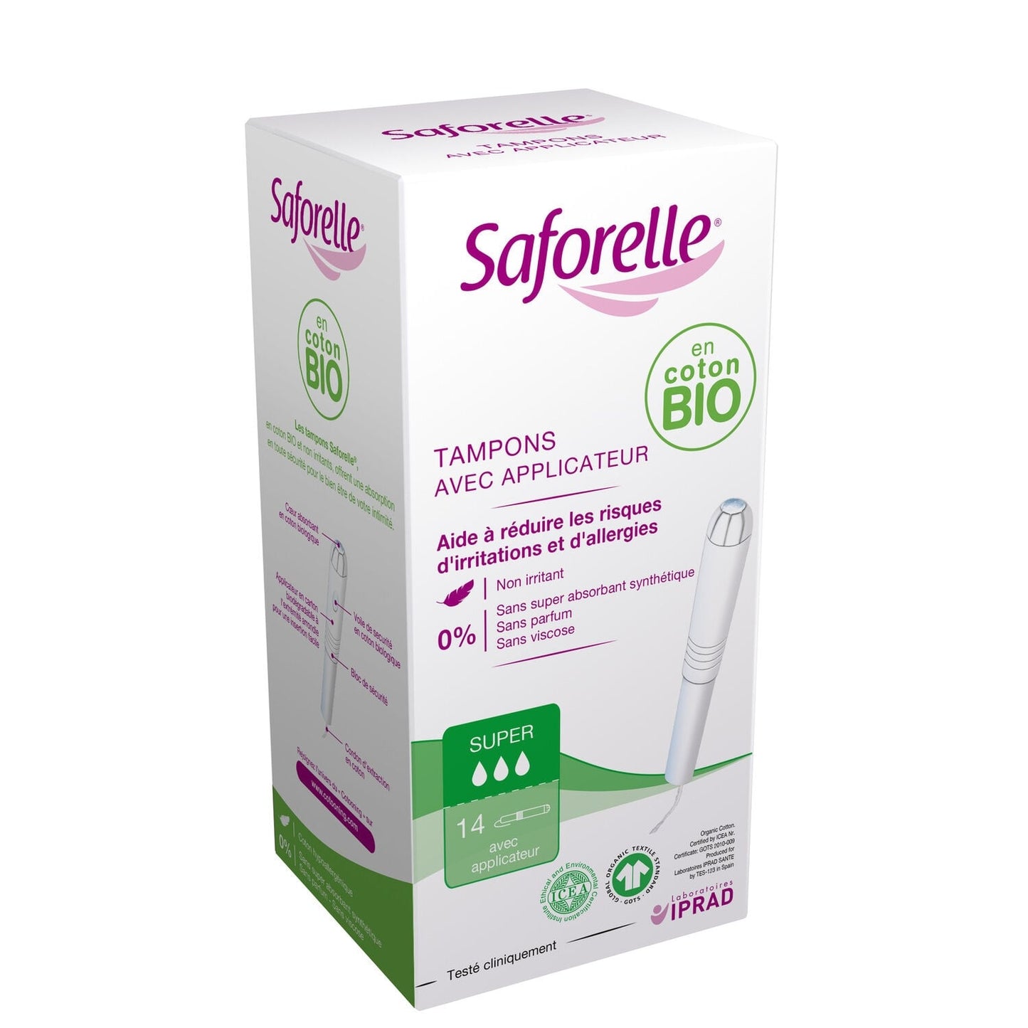 Tampons Super Avec Applicateur Coton Bio SAFORELLE 