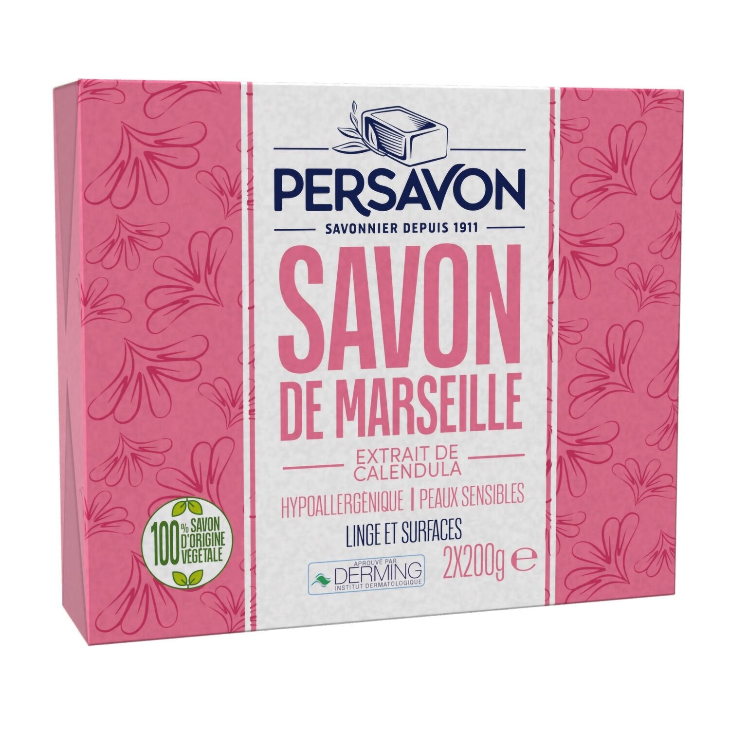 Savon Solide de Marseille Extrait de Calendula Hypoallergénique PERSAVON le lot de 2 savons de 200g
