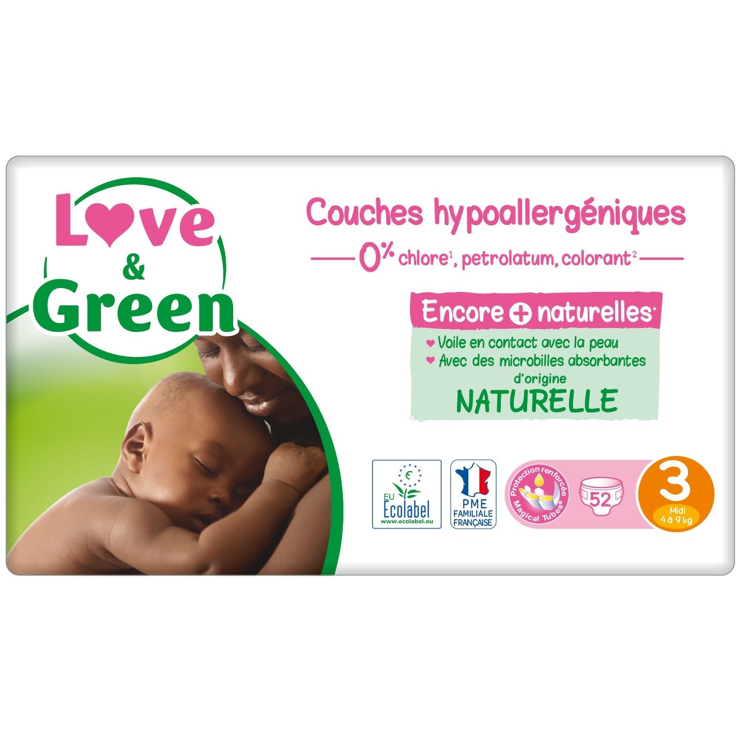 Couches Bébé Taille 3 4-9kg Ecologiques Hypoallergénique Love & GREEN le paquet de 52 couches