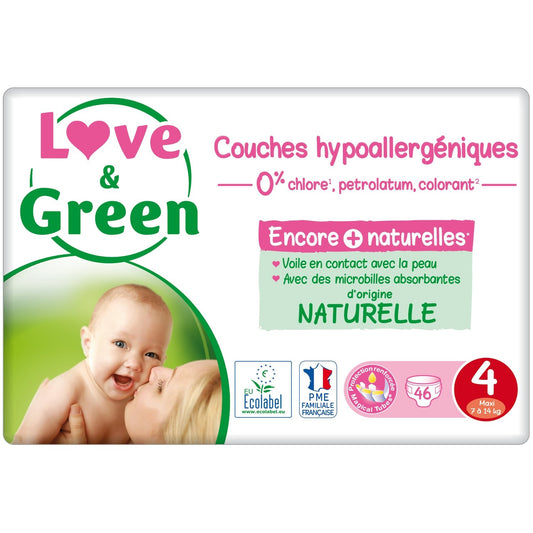 Couches Bébé Taille 4 7-14kg Hypoallergéniques Love & GREEN le paquet de 46 couches