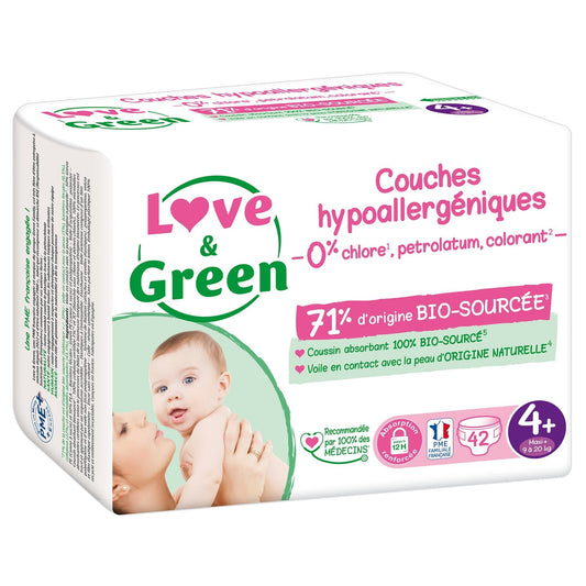Couches Bébé Taille 4+ 9-20kg Hypoallergéniques Naturelles Love & GREEN le paquet de 42 couches