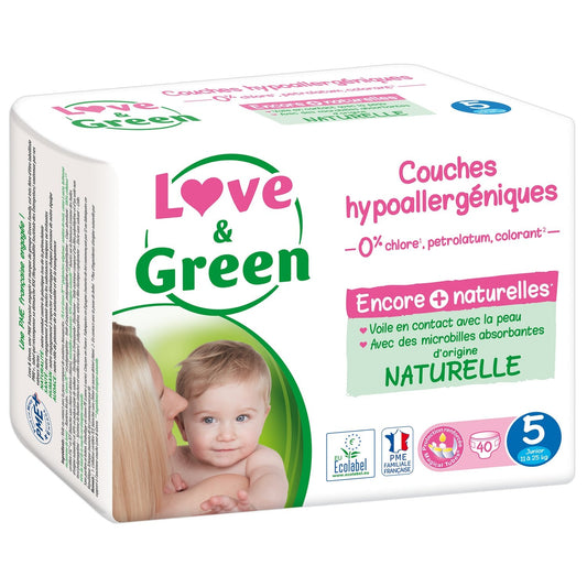 Couches Bébé Taille 5 11-25kg Hypoallergéniques Love & GREEN le paquet de 40 couches