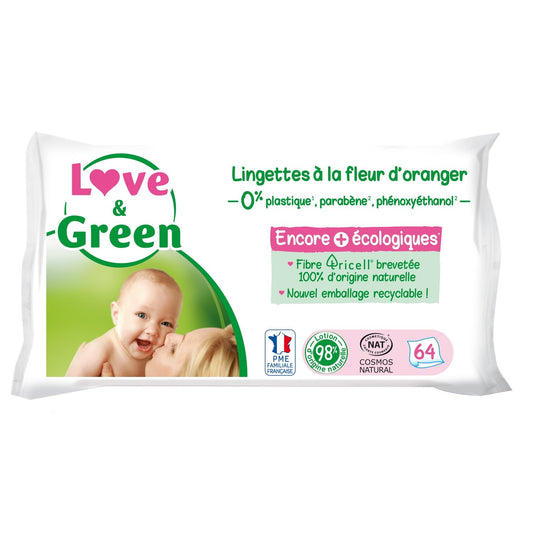 Lingettes Bébé Parfumées Fleur d'Oranger Biodégradables Fibres Naturelles Love & GREEN le paquet de 64 lingettes