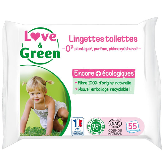 Lingettes Bébé Hypoallergénique Sans Parfum A la Fleur d'Oranger Love & GREEN le paquet de 55 lingettes