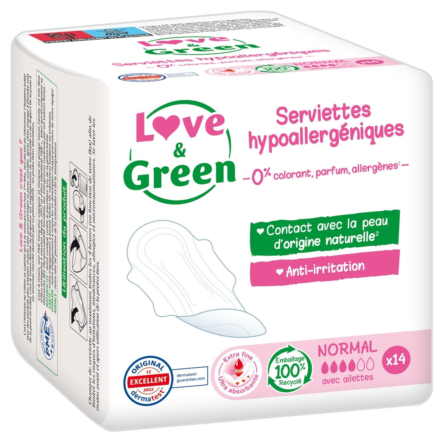 Love &amp; GREEN Damenbinden mit Flügeln, normal, hypoallergen und umweltfreundlich