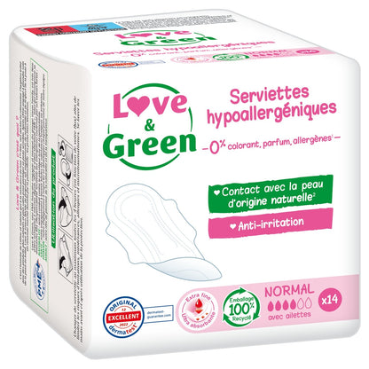 Love &amp; GREEN Damenbinden mit Flügeln, normal, hypoallergen und umweltfreundlich