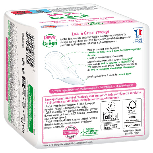 Serviettes Hygiéniques avec Ailettes Normal Hypoallergéniques et Ecologiques Love & GREEN
