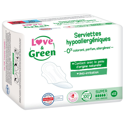 Serviettes Hygiéniques avec Ailettes Hypoallergénique Ecologique Super Bio Love & GREEN le paquet de 12 serviettes