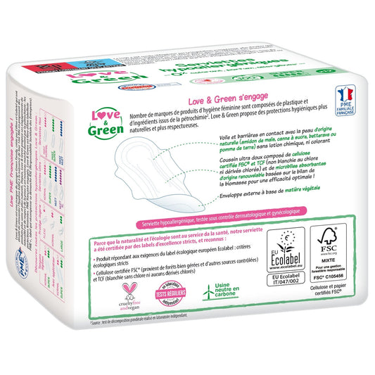 Serviettes Hygiéniques avec Ailettes Hypoallergénique Ecologique Super Bio Love & GREEN