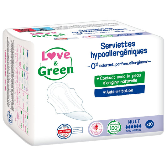 Serviettes Hygiéniques avec Ailettes Nuit Hypoallergénique Anti-Irritation Love & GREEN le pack de 10 serviettes hygiéniques