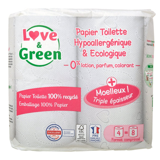 Papier Toilette Moelleux Recyclé Hypoallergénique Ecolabel Sans Lotion Colorant et Parfum Love & GREEN
