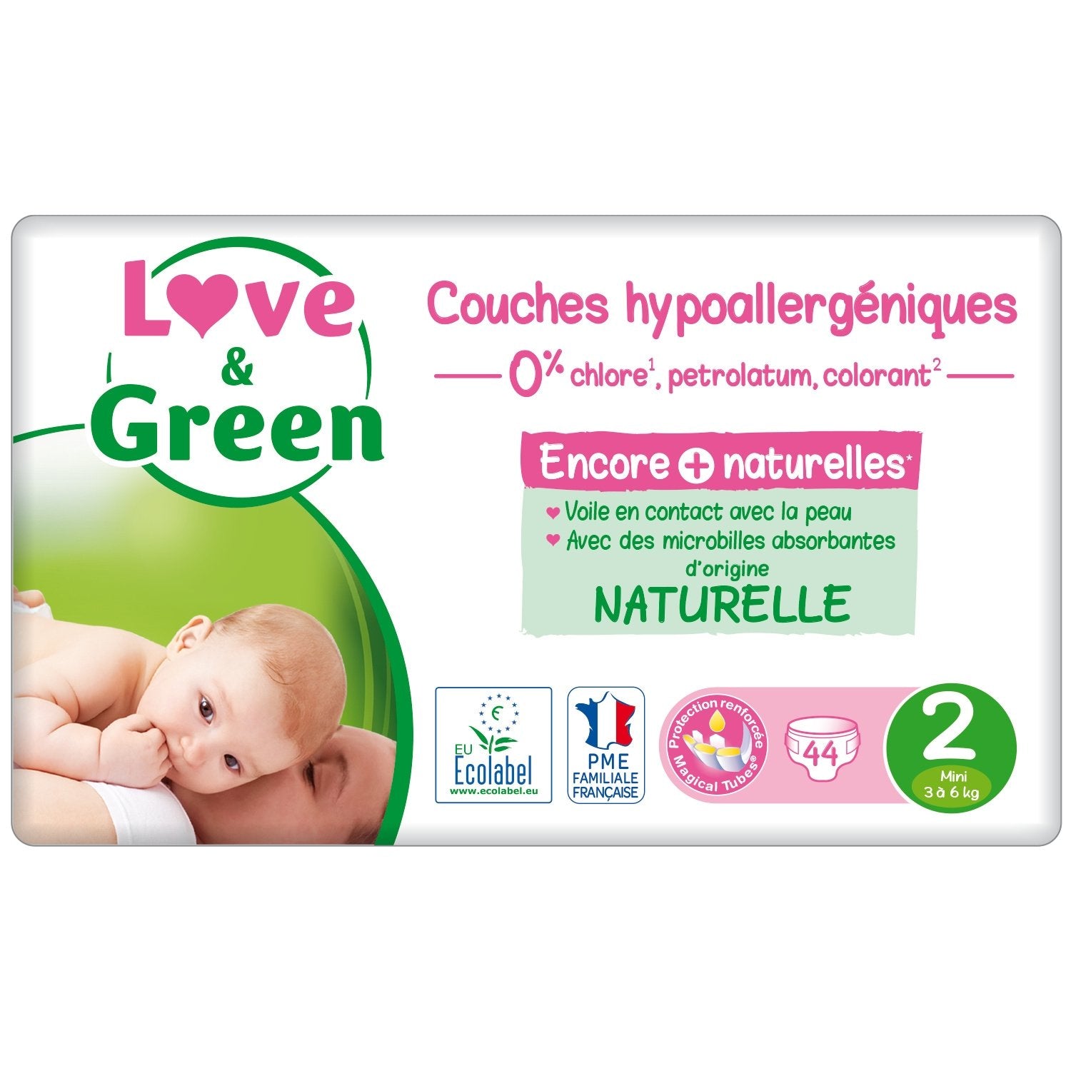 Couches Bébé Taille 2 3-6kg Hypoallergénique Love & GREEN le paquet de 44 couches