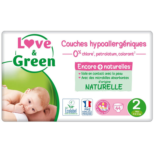 Couches Bébé Taille 2 3-6kg Hypoallergénique Love & GREEN le paquet de 44 couches