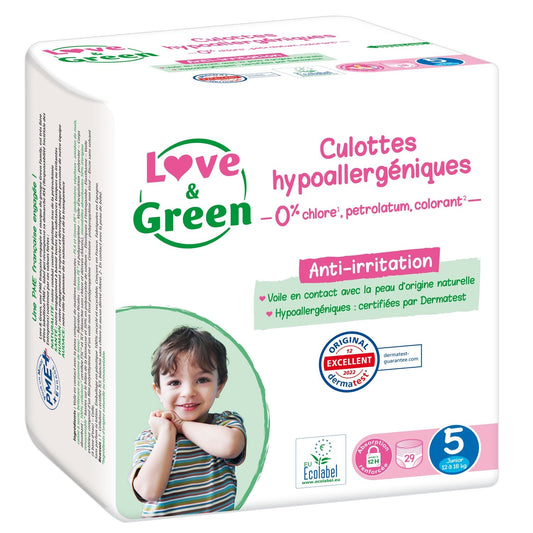 Couches-Culottes Taille 5 12-18kg Hypoallergéniques Love & GREEN le pack de 29 culottes