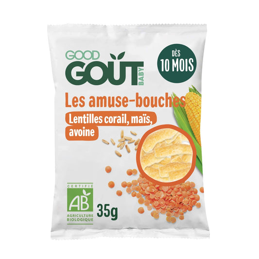 Amuse-Bouches Bébé Dès 10 Mois Lentilles Corail Maïs et Avoine Bio les Amuse Bouches GOOD GOUT le sachet de 35g