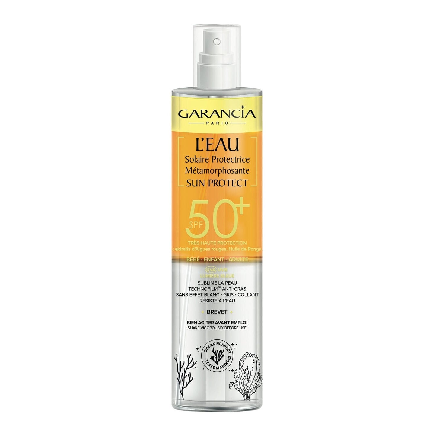 Eau solaire Visage et Corps Haute Protection Spf 50+ Anti-âge Toucher non Gras GARANCIA 