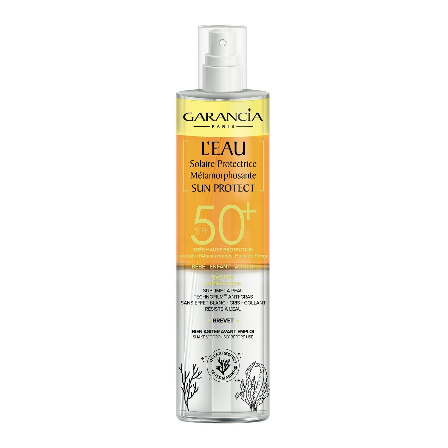 Eau solaire Visage et Corps Haute Protection Spf 50+ Anti-âge Toucher non Gras GARANCIA 