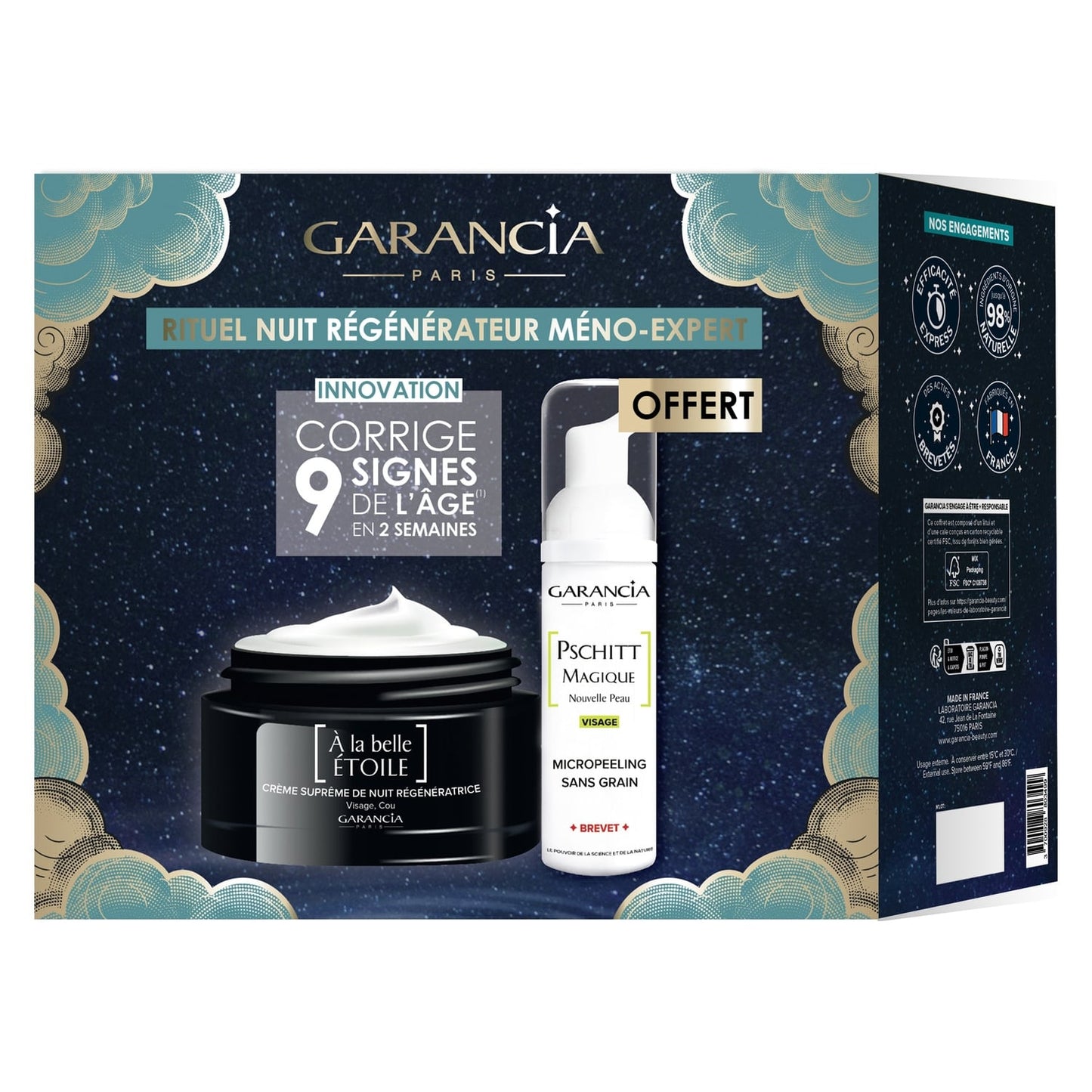 Coffret Rituel Nuit Régénérateur Anti-Âge Méno-Expert Femme Corrige 9 Signes De L'Âge Micropeeling Sans Grain 2 produits GARANCIA 